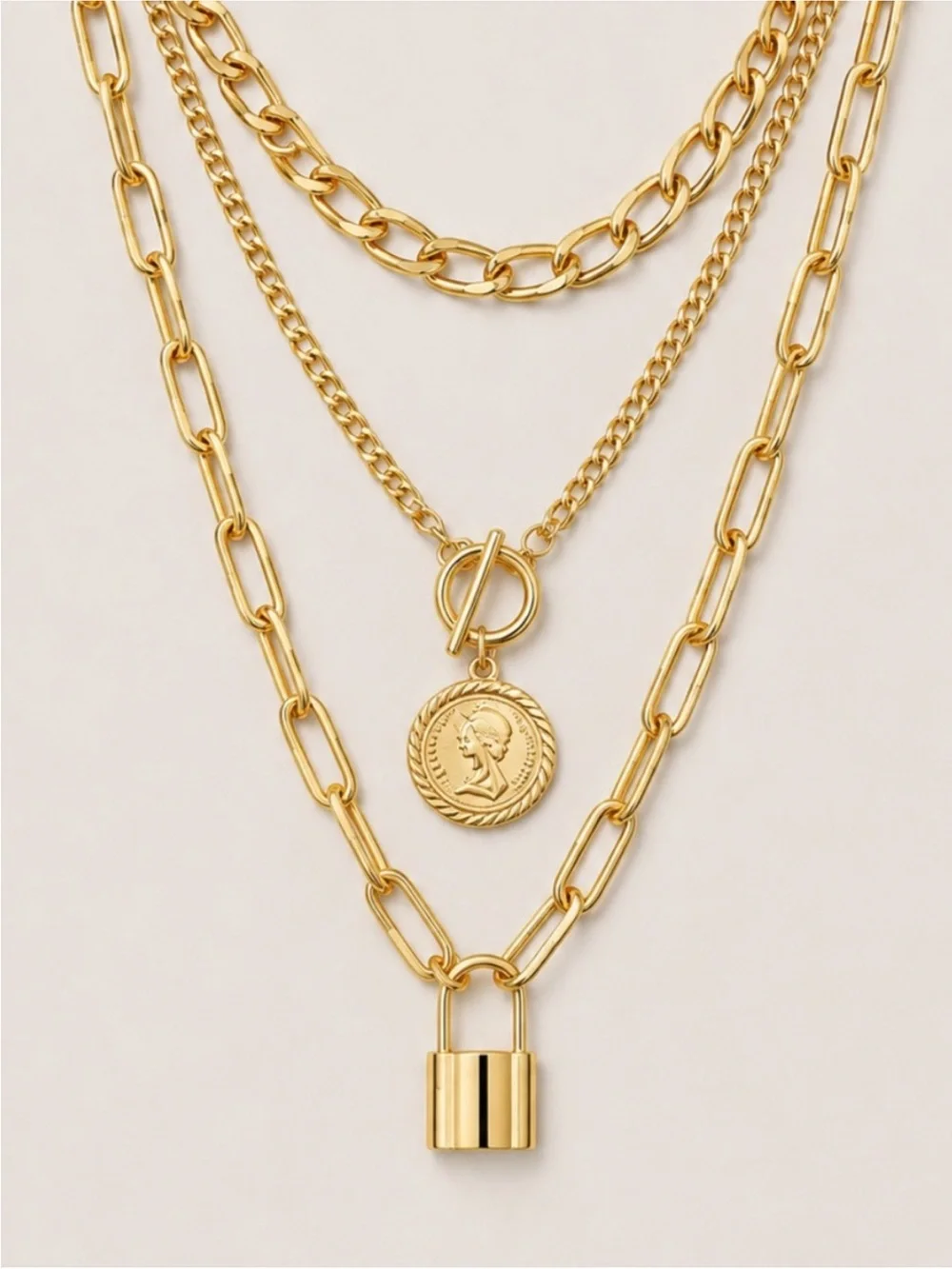 New! Women's Layered Gold Lock & Coin Necklace